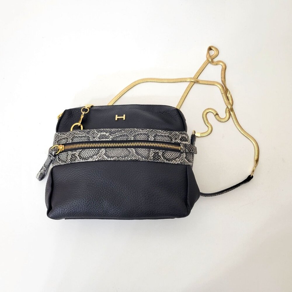 Vintage Halston Black Leather & Snake Print Crossbody Bag With Gold Accents - Picture 1 of 8
